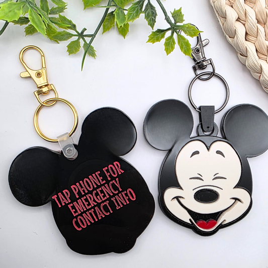 Personalized Mouse-Inspired NFC Emergency Contact Tag - Custom Acrylic Safety Keychain - Tap with Phone - Boy or Girl Design with Bow