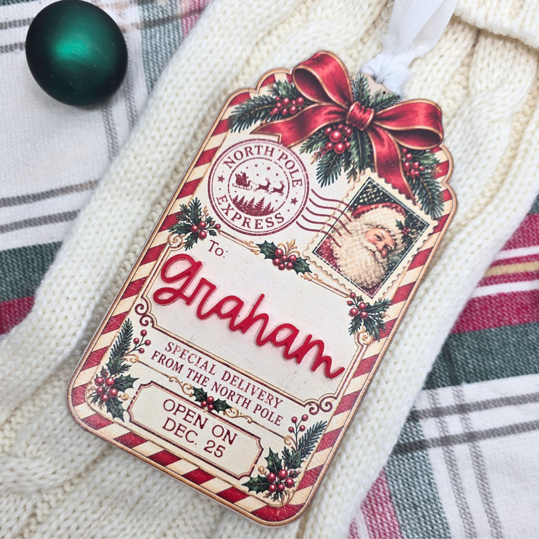 Personalized Christmas Stocking Tag - Custom  Vintage Santa North Pole Delivery Keepsake