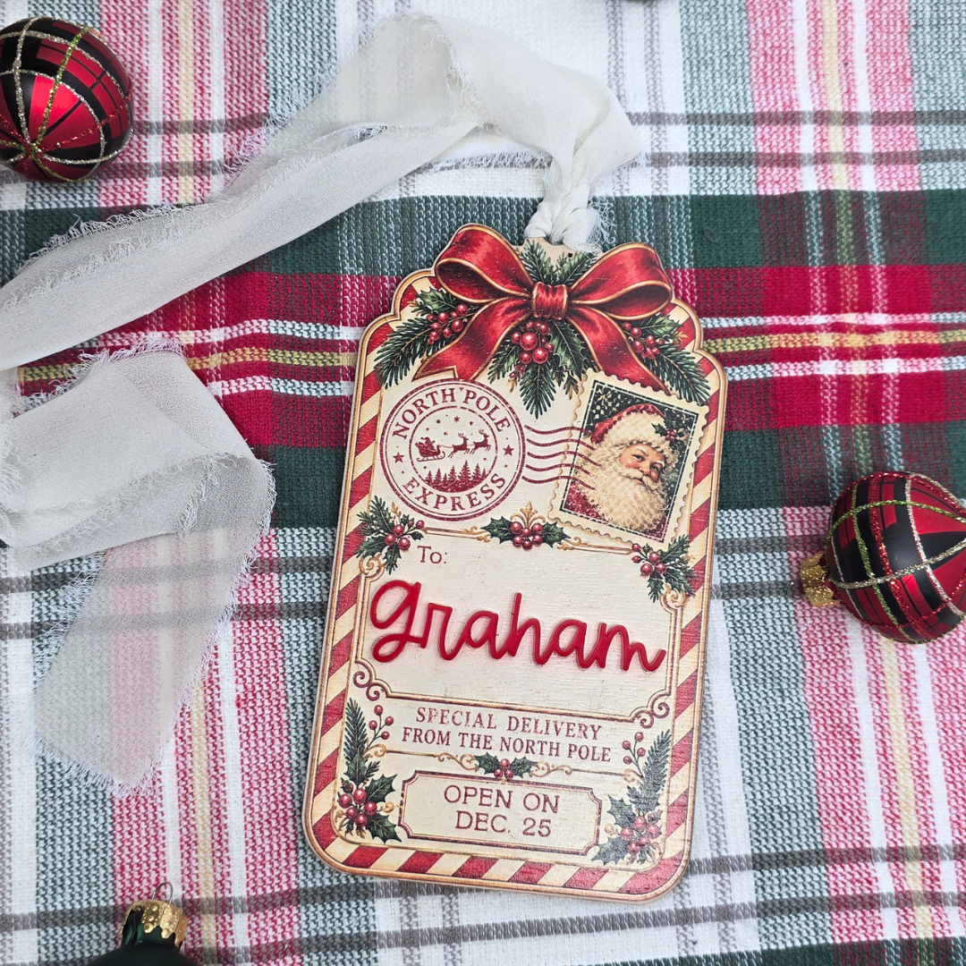 Personalized Christmas Stocking Tag - Custom  Vintage Santa North Pole Delivery Keepsake