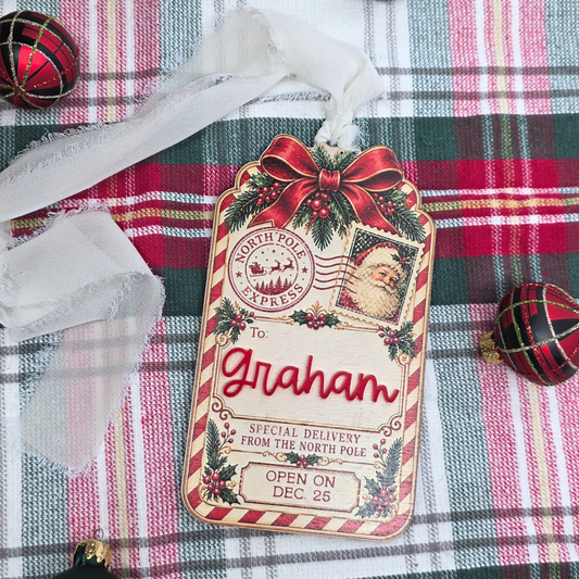 Personalized Christmas Stocking Tag - Custom  Vintage Santa North Pole Delivery Keepsake