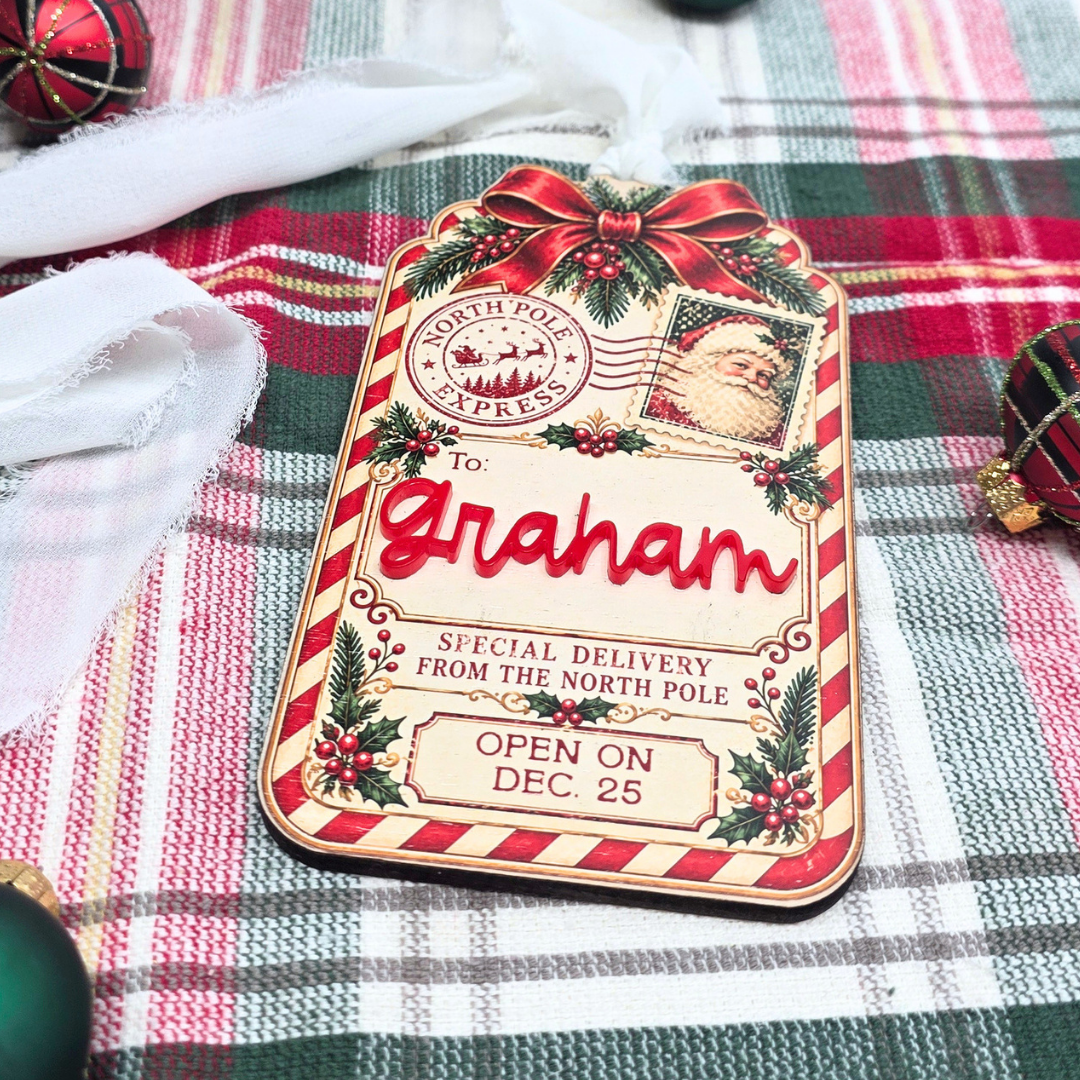 Personalized Christmas Stocking Tag - Custom  Vintage Santa North Pole Delivery Keepsake