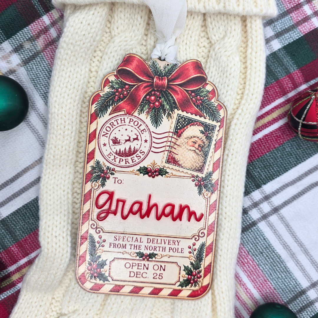 Personalized Christmas Stocking Tag - Custom  Vintage Santa North Pole Delivery Keepsake