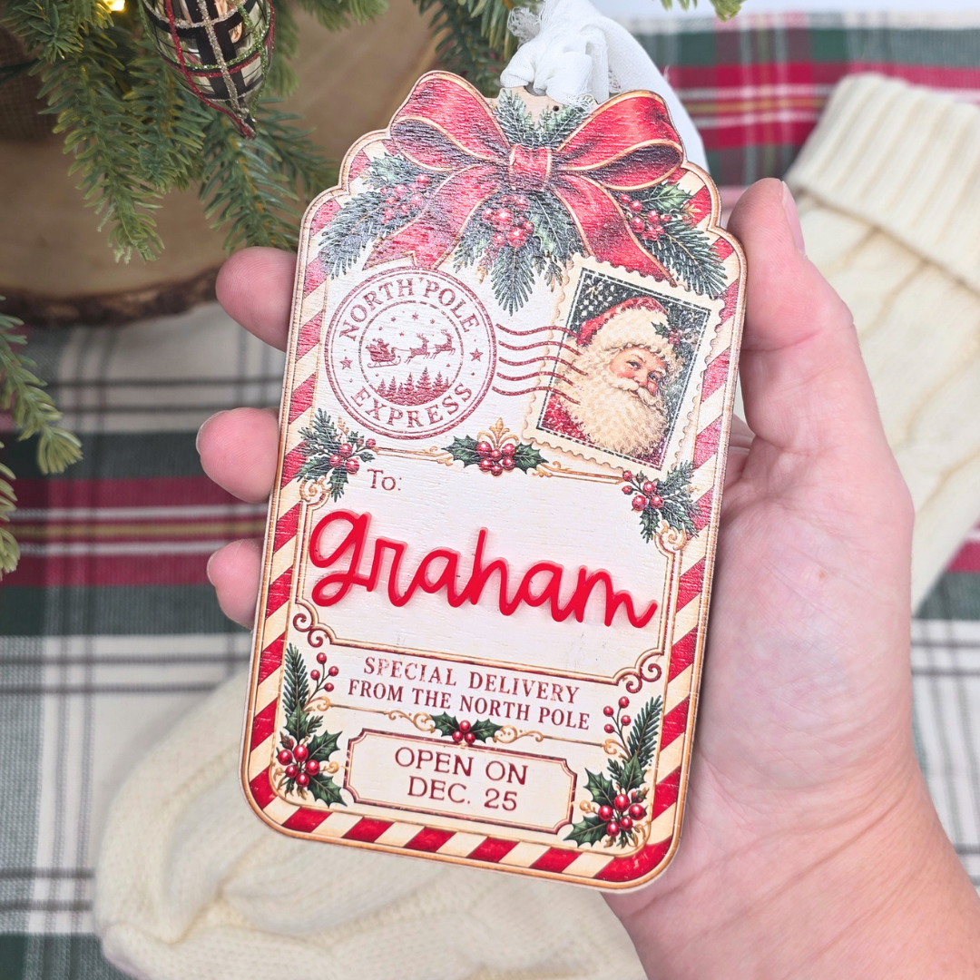 Personalized Christmas Stocking Tag - Custom  Vintage Santa North Pole Delivery Keepsake