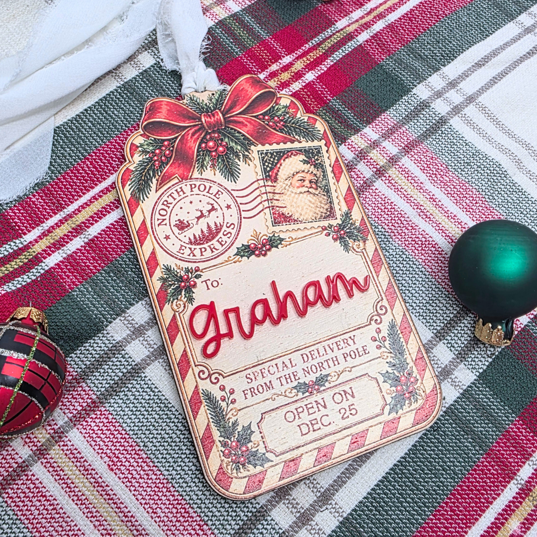 Personalized Christmas Stocking Tag - Custom  Vintage Santa North Pole Delivery Keepsake