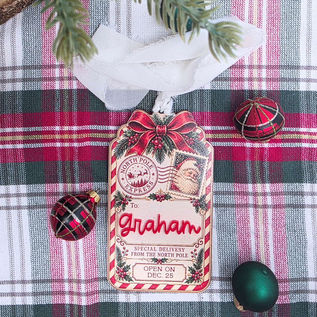 Personalized Christmas Stocking Tag - Custom  Vintage Santa North Pole Delivery Keepsake