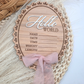 Hello World Baby Stat Sign  - Oval Birth Announcement with Bow - 3D Acrylic Name Plaque - Newborn Photo Prop - Keepsake for Baby Girl or Boy