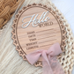Hello World Baby Stat Sign  - Oval Birth Announcement with Bow - 3D Acrylic Name Plaque - Newborn Photo Prop - Keepsake for Baby Girl or Boy