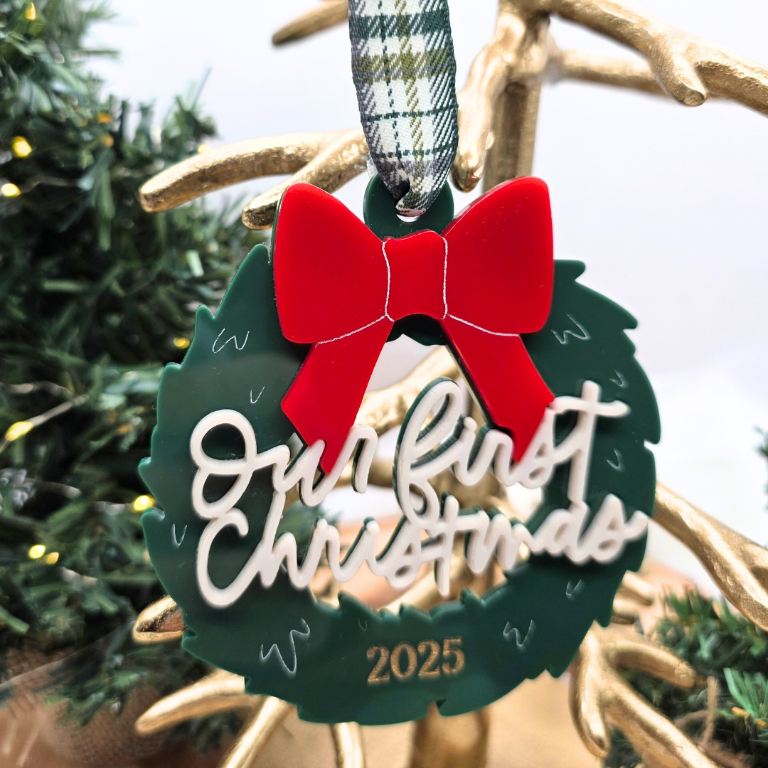 Our First Christmas Ornament - Personalized Acrylic Wreath with Bow & Year Hand-Painted Gold Detail - Couple’s Holiday Keepsake