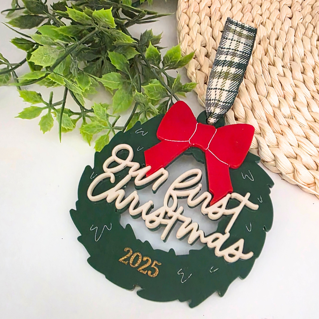 Our First Christmas Ornament - Personalized Acrylic Wreath with Bow & Year Hand-Painted Gold Detail - Couple’s Holiday Keepsake