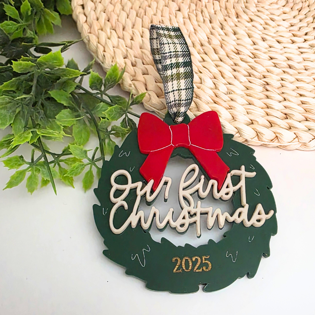 Our First Christmas Ornament - Personalized Acrylic Wreath with Bow & Year Hand-Painted Gold Detail - Couple’s Holiday Keepsake