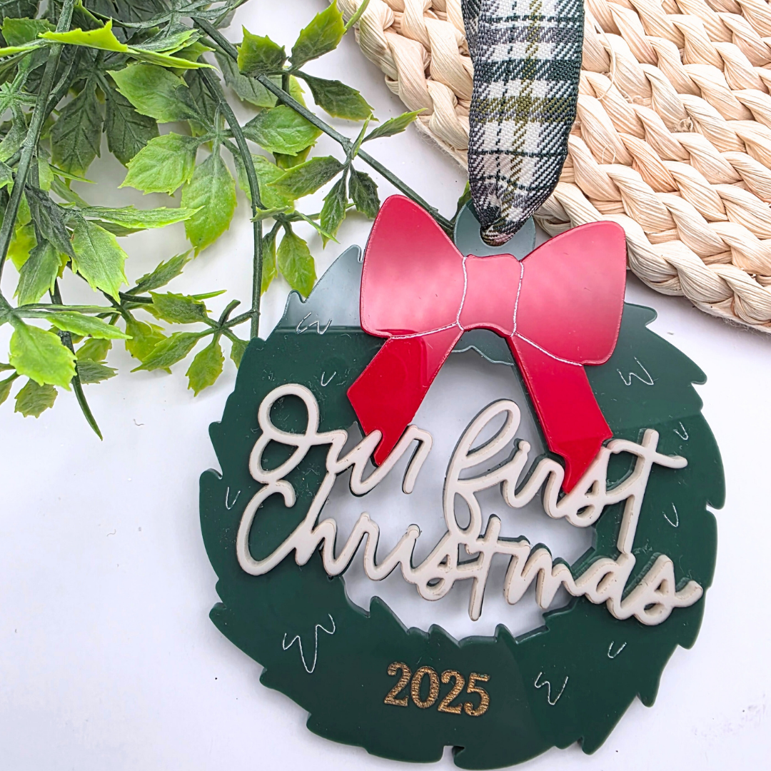 Our First Christmas Ornament - Personalized Acrylic Wreath with Bow & Year Hand-Painted Gold Detail - Couple’s Holiday Keepsake