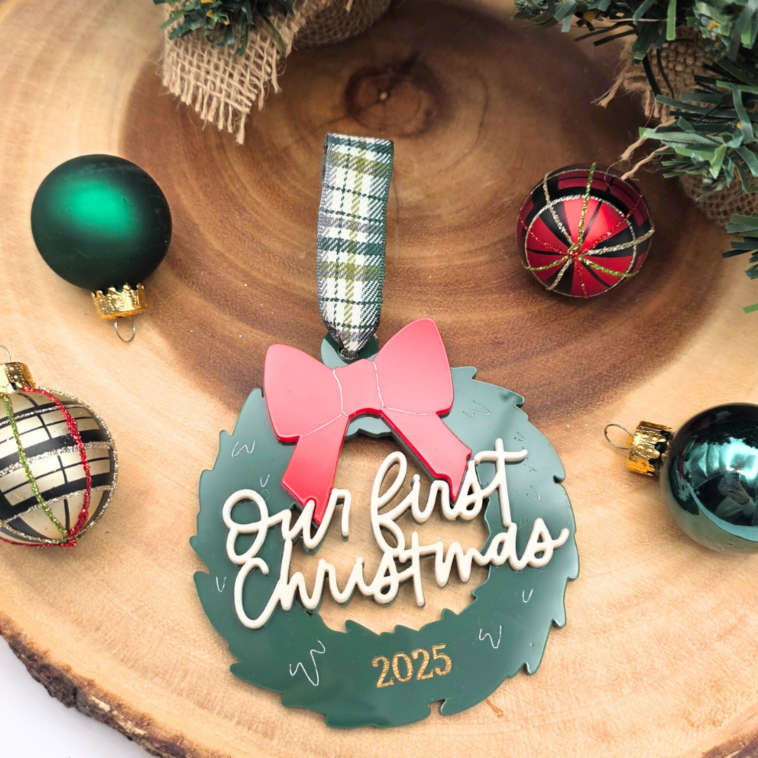 Our First Christmas Ornament - Personalized Acrylic Wreath with Bow & Year Hand-Painted Gold Detail - Couple’s Holiday Keepsake