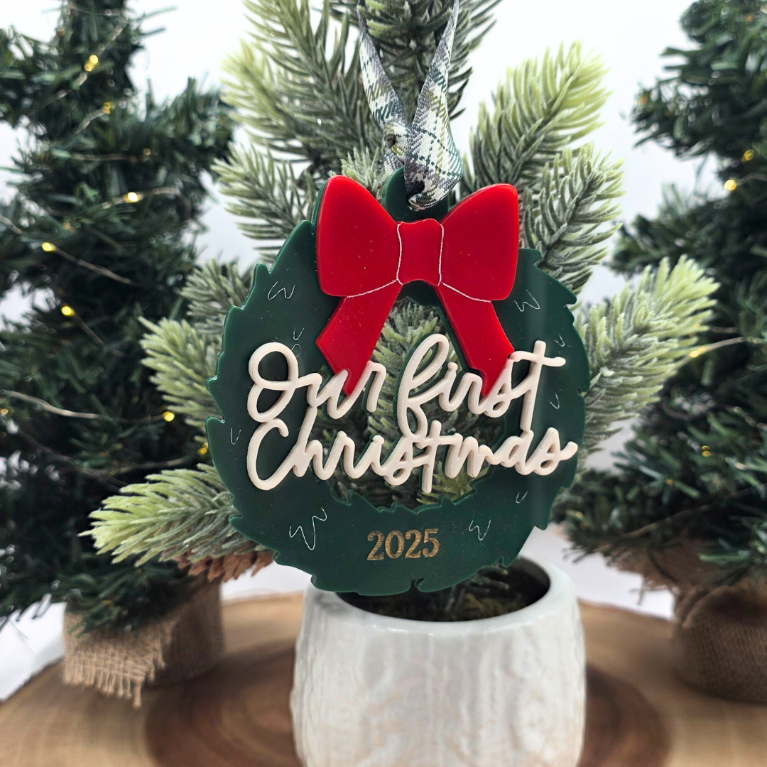 Our First Christmas Ornament - Personalized Acrylic Wreath with Bow & Year Hand-Painted Gold Detail - Couple’s Holiday Keepsake