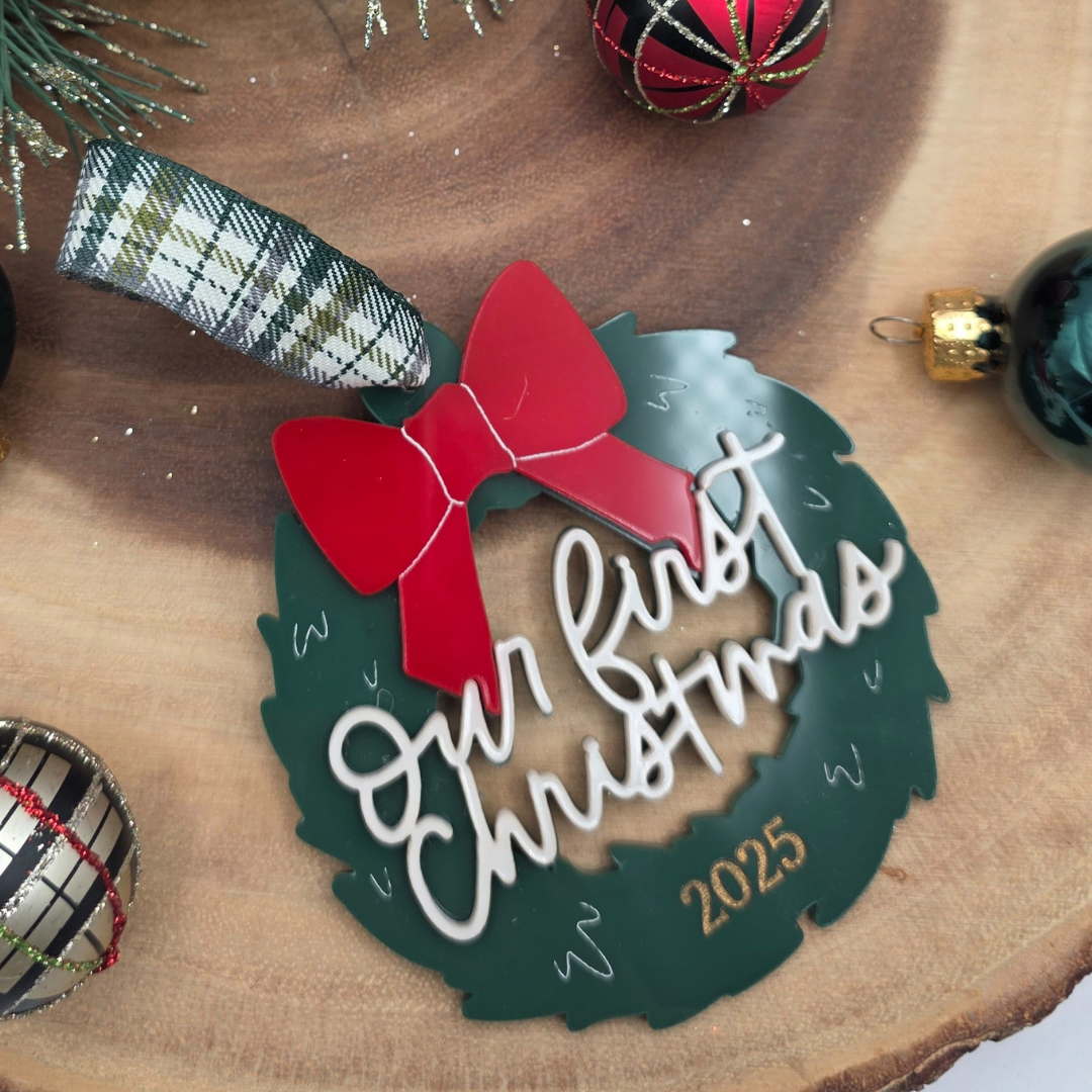 Our First Christmas Ornament - Personalized Acrylic Wreath with Bow & Year Hand-Painted Gold Detail - Couple’s Holiday Keepsake