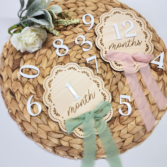 Oval Lace Baby Milestone Marker Set - Interchangeable Months with Bow, Birch Wood Photo Prop, Girl & Gender Neutral
