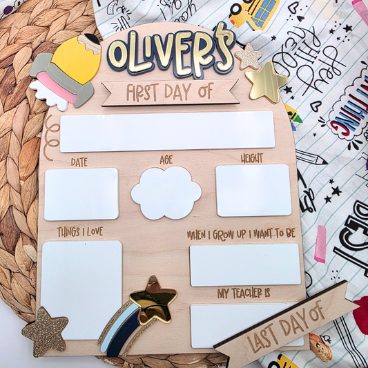Personalized First & Last Day of School Board - Rocket Pencil and Stars Theme - Custom School Photo Prop