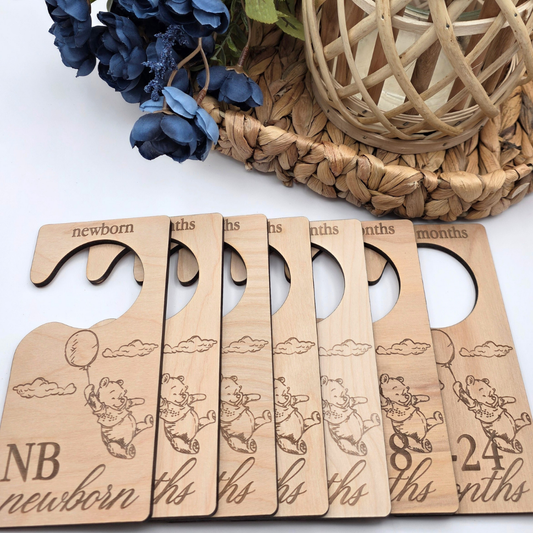 Wooden Baby Closet Dividers - Pooh Bear Balloon Engraved Nursery Organizers - Baby Shower Gift Set of 7 Hangers