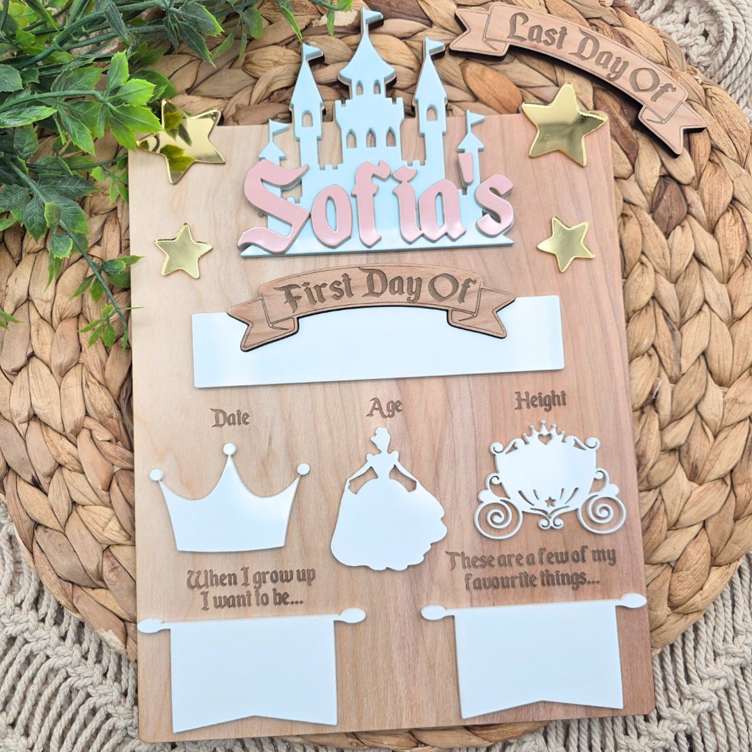 Princess Castle First Day Last Day School Board - Personalized Dry Erase Back to School Sign -  Reusable Photo Prop with Name