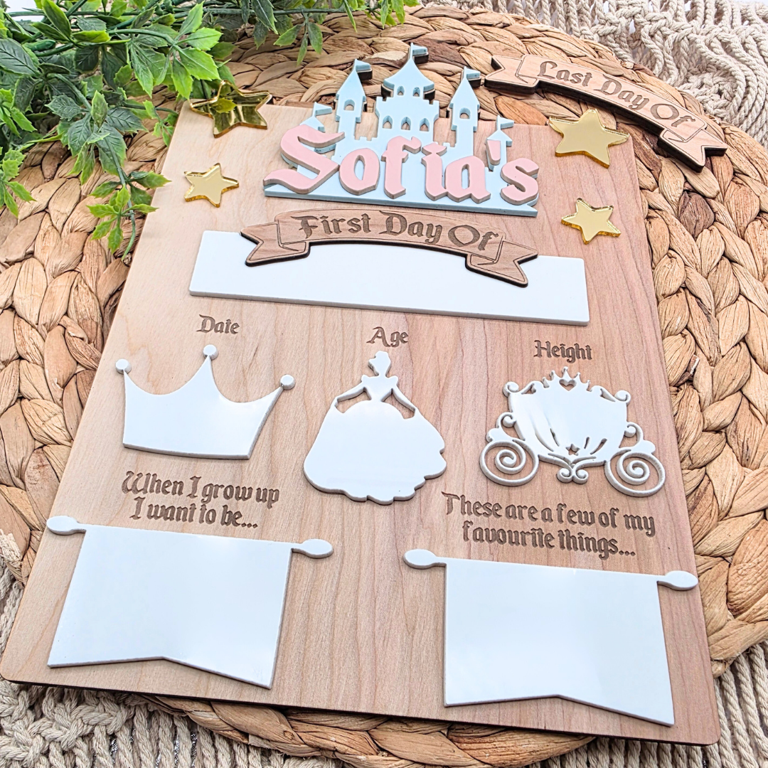 Princess Castle First Day Last Day School Board - Personalized Dry Erase Back to School Sign -  Reusable Photo Prop with Name