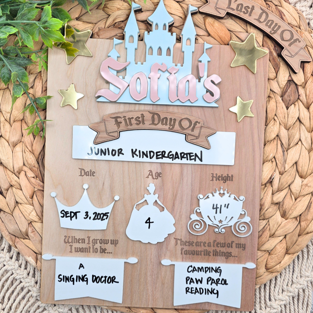 Princess Castle First Day Last Day School Board - Personalized Dry Erase Back to School Sign -  Reusable Photo Prop with Name