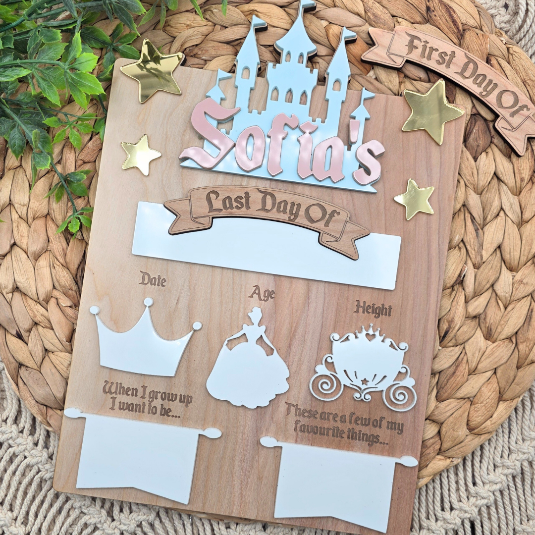 Princess Castle First Day Last Day School Board - Personalized Dry Erase Back to School Sign -  Reusable Photo Prop with Name