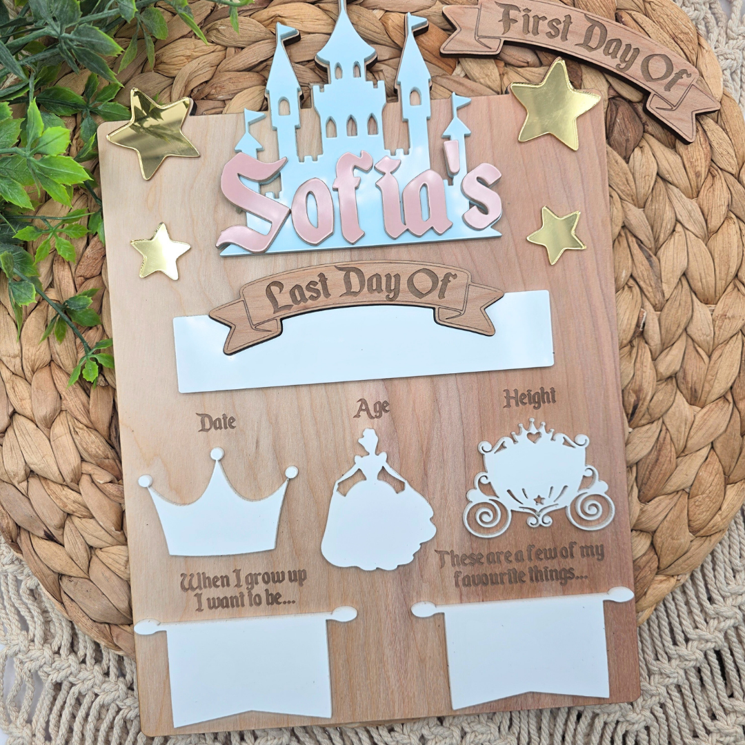 Princess Castle First Day Last Day School Board - Personalized Dry Erase Back to School Sign -  Reusable Photo Prop with Name