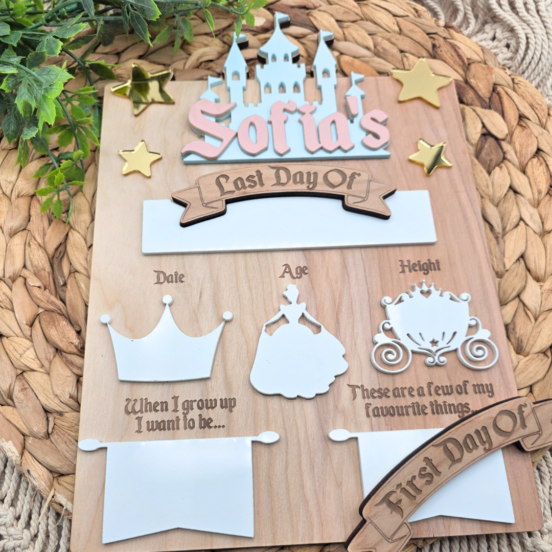 Princess Castle First Day Last Day School Board - Personalized Dry Erase Back to School Sign -  Reusable Photo Prop with Name