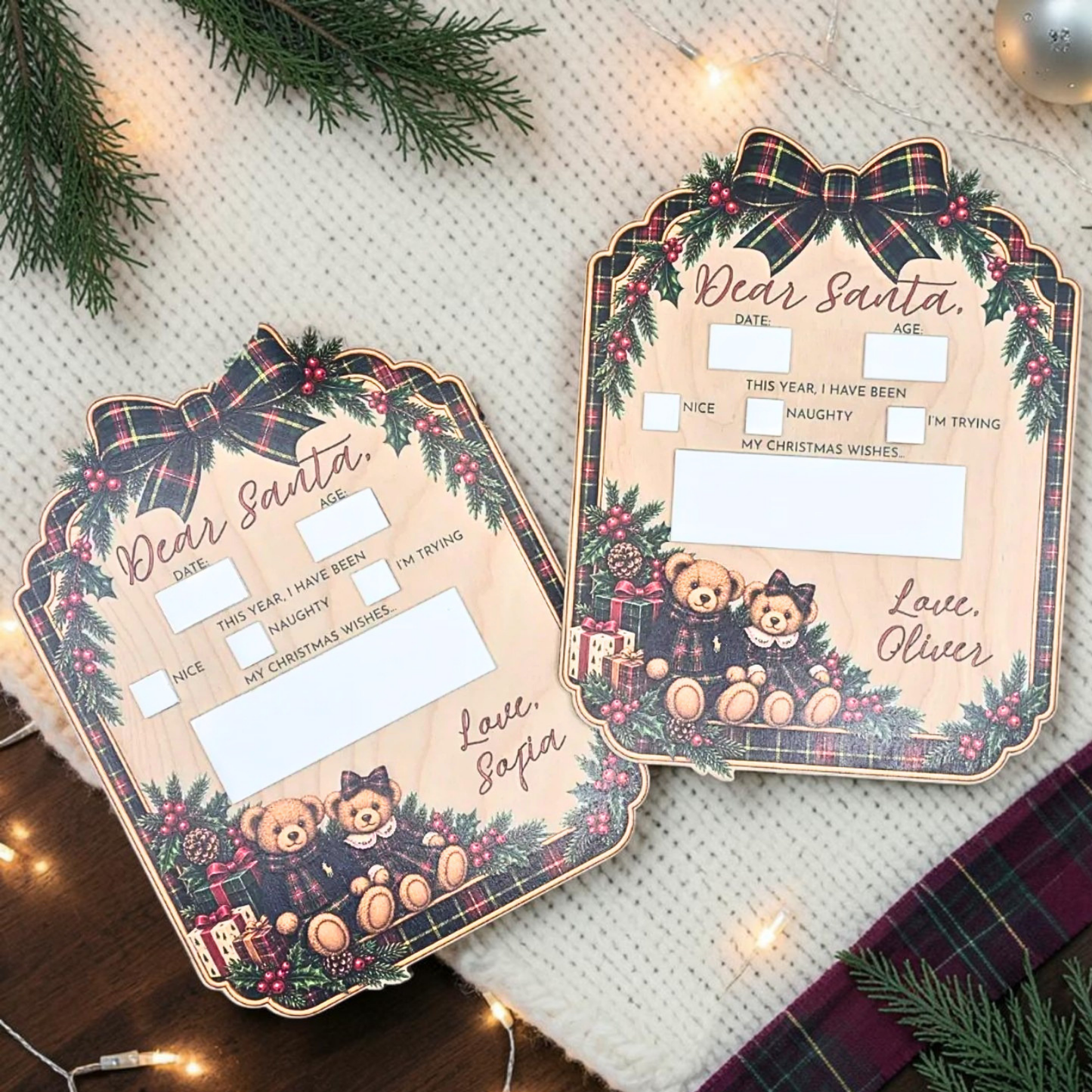 Personalized Tartan Teddy Bear Dear Santa Board - Reusable Christmas Wish List Photo Prop