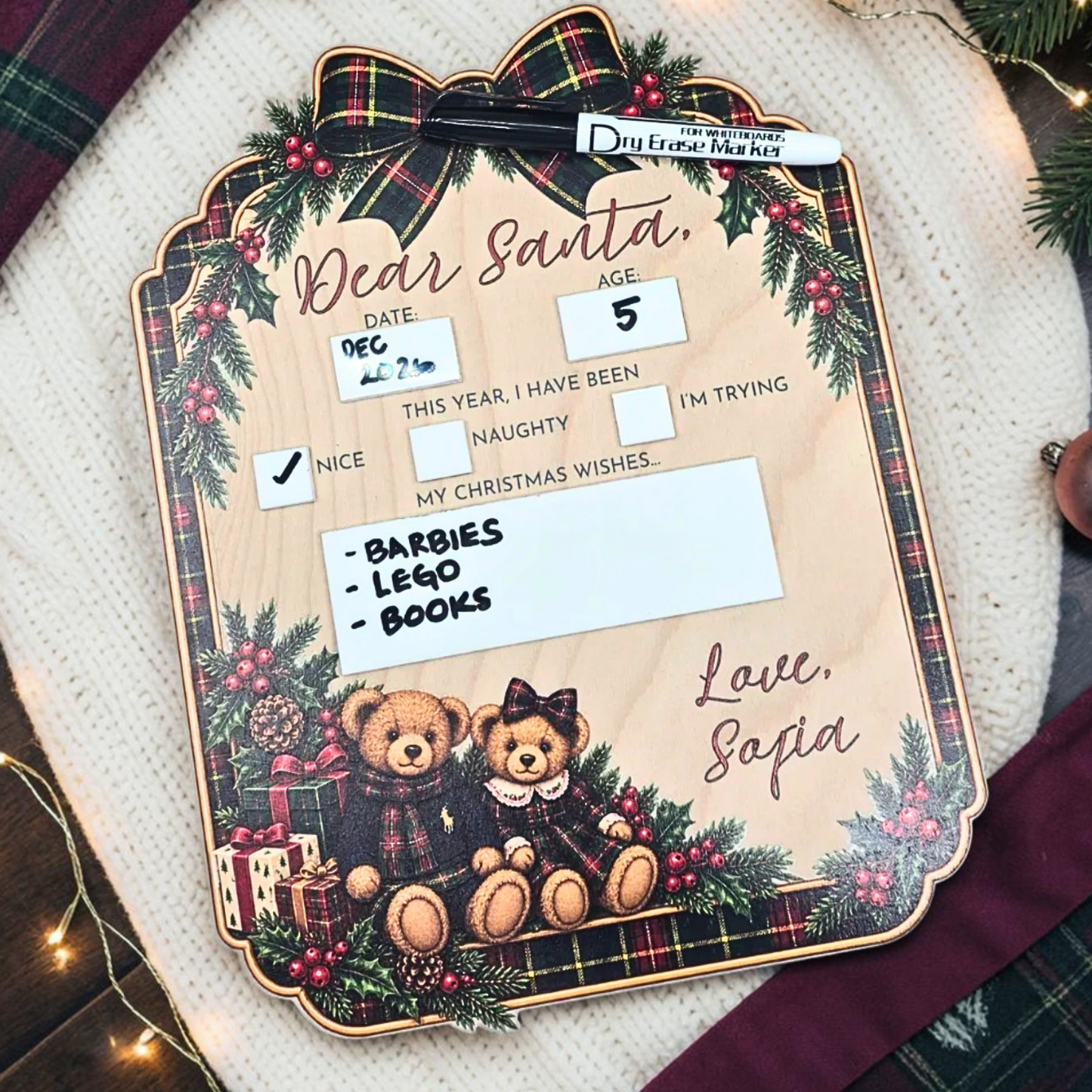 Personalized Tartan Teddy Bear Dear Santa Board - Reusable Christmas Wish List Photo Prop