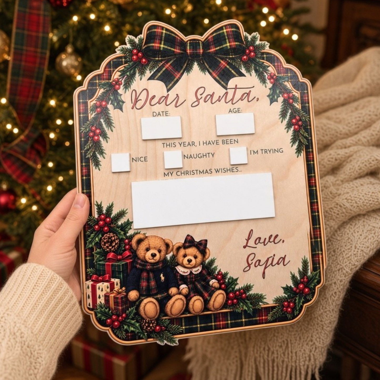 Personalized Tartan Teddy Bear Dear Santa Board - Reusable Christmas Wish List Photo Prop