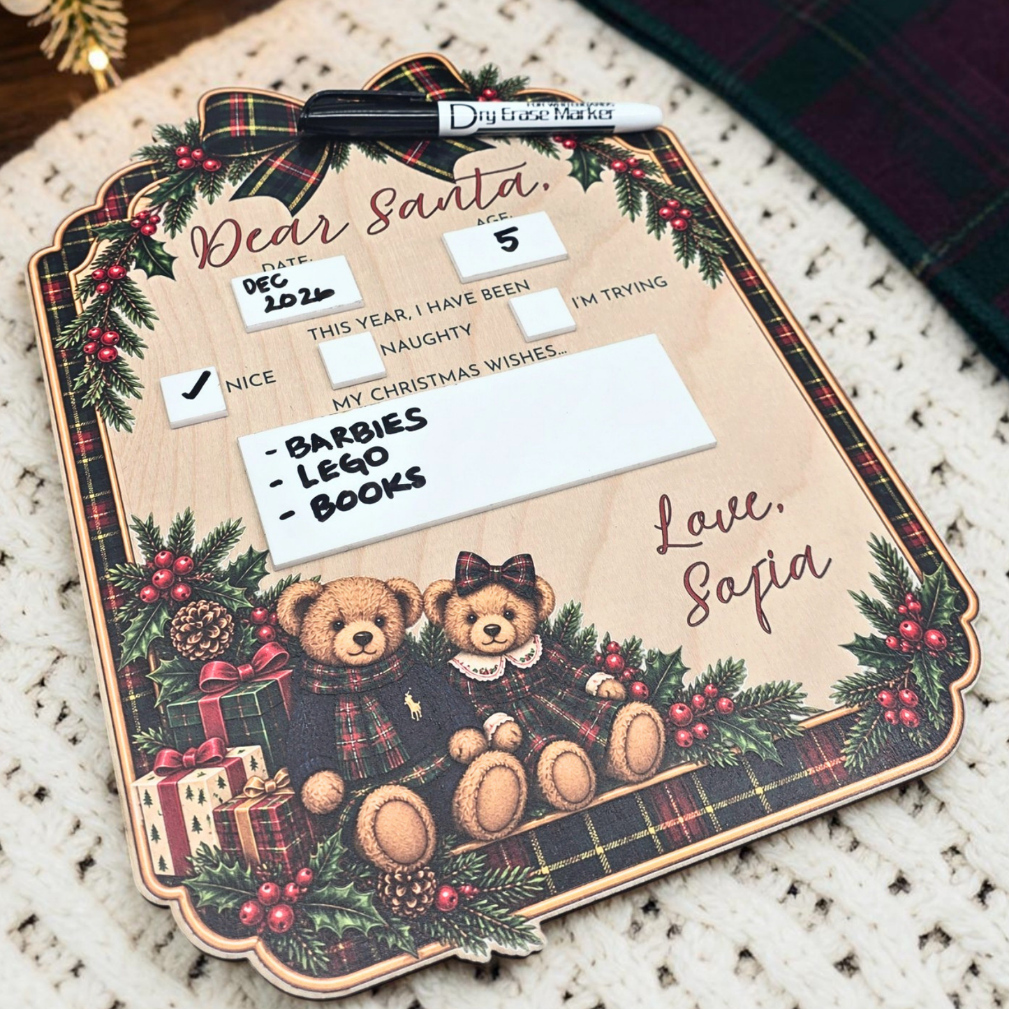 Personalized Tartan Teddy Bear Dear Santa Board - Reusable Christmas Wish List Photo Prop