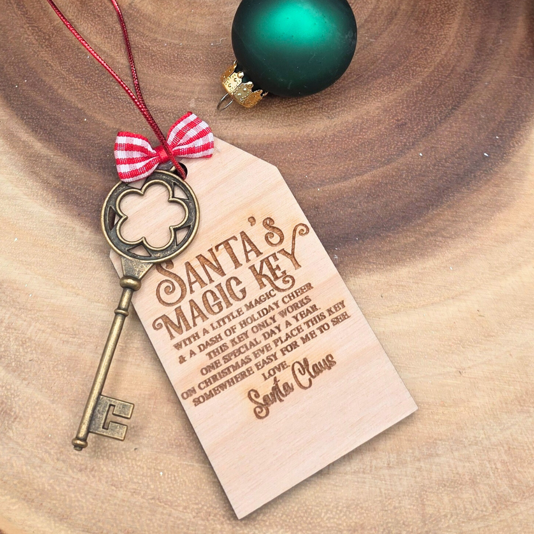Santa’s Magic Key Ornament | Engraved Birch Wood Tag with Antique Key & Bow | Christmas Eve Tradition Keepsake for Kids