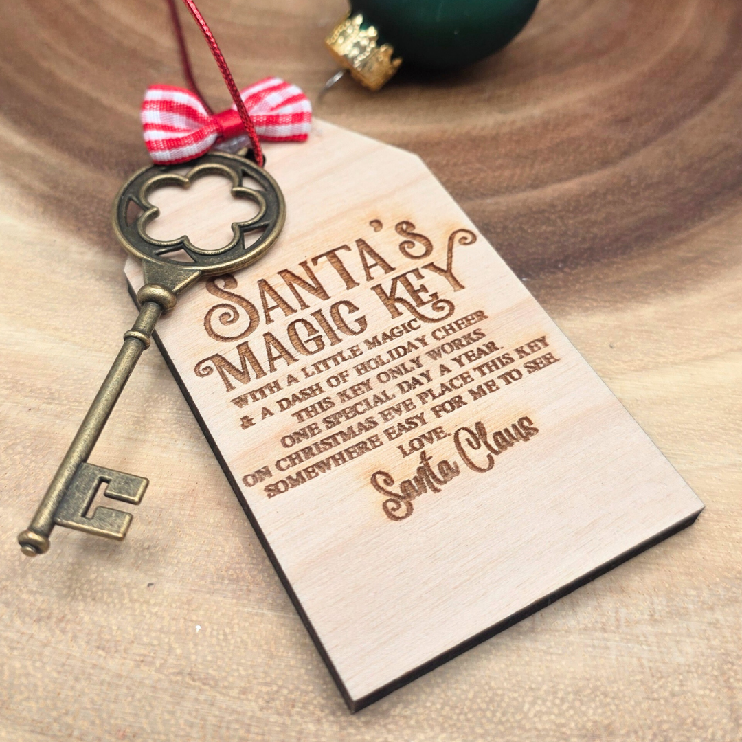 Santa’s Magic Key Ornament | Engraved Birch Wood Tag with Antique Key & Bow | Christmas Eve Tradition Keepsake for Kids