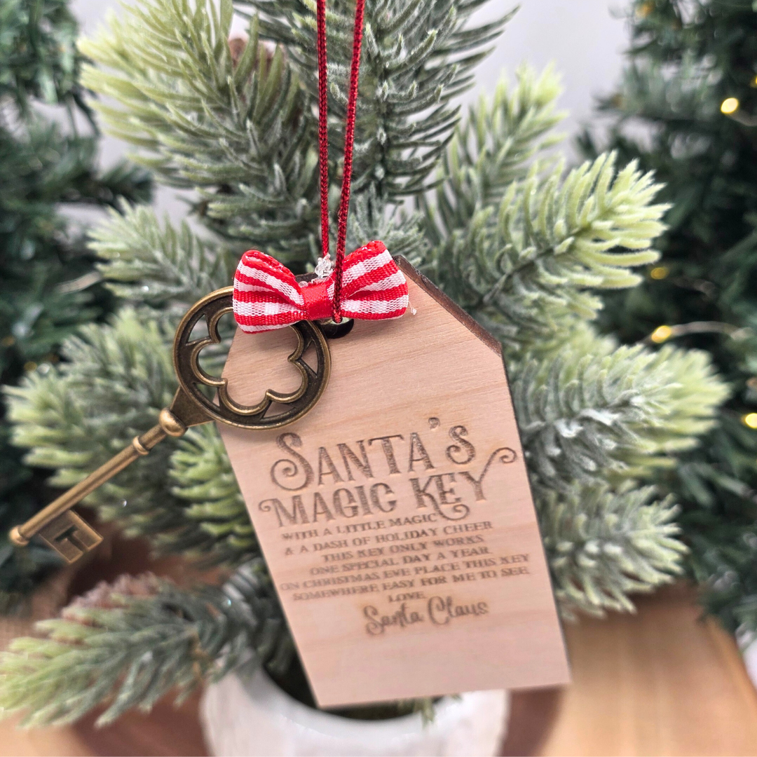 Santa’s Magic Key Ornament | Engraved Birch Wood Tag with Antique Key & Bow | Christmas Eve Tradition Keepsake for Kids