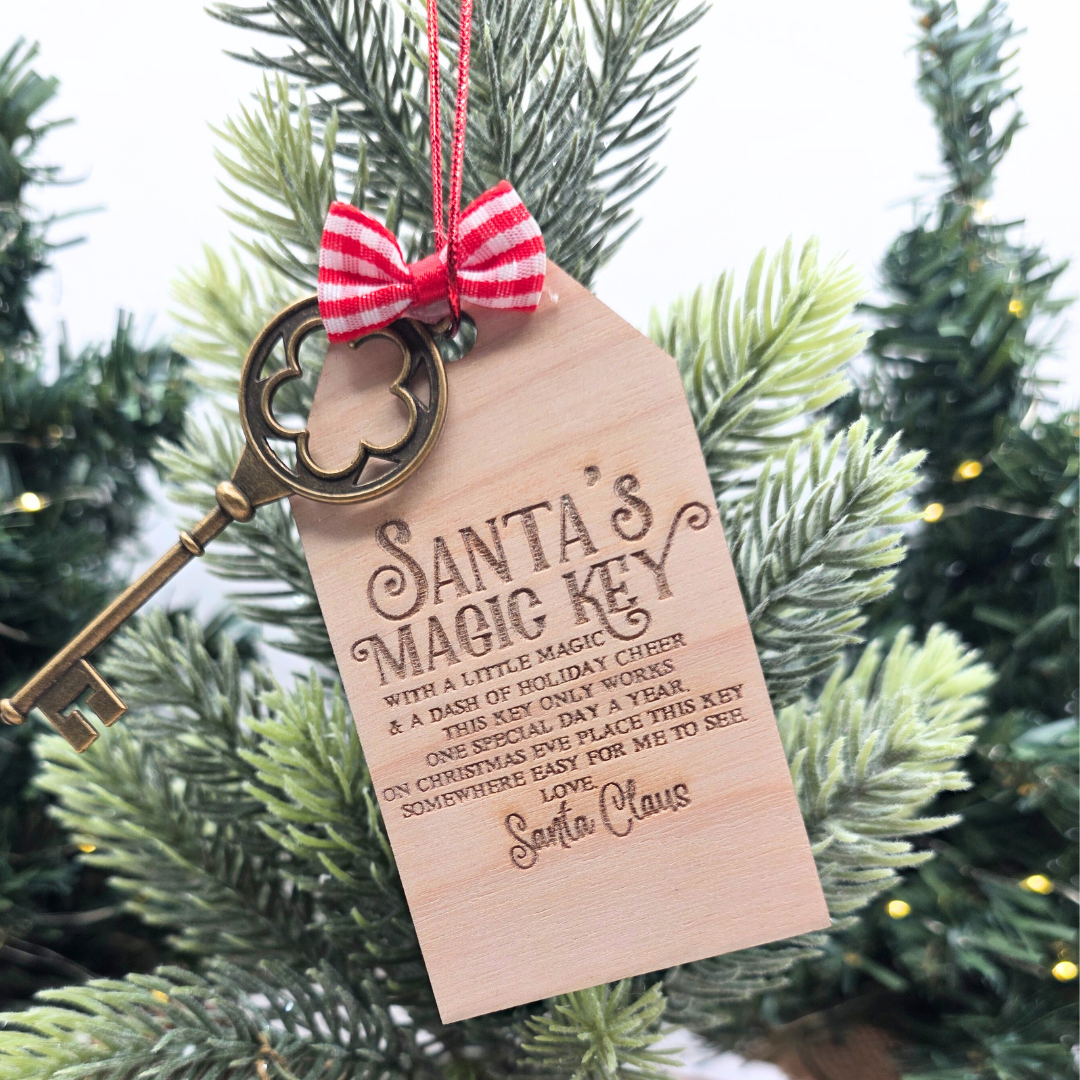Santa’s Magic Key Ornament | Engraved Birch Wood Tag with Antique Key & Bow | Christmas Eve Tradition Keepsake for Kids