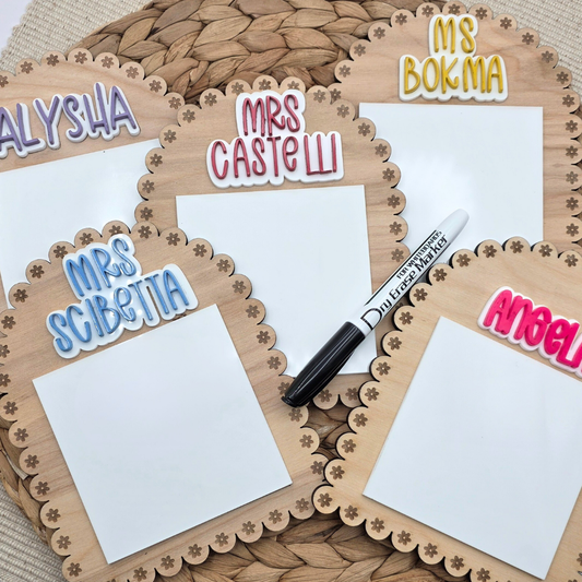 Custom Scalloped Dry Erase Memo Board - Personalized Teacher Gift  - Daisy Engraved Wood + Acrylic Board - Back to School Desk Accessory