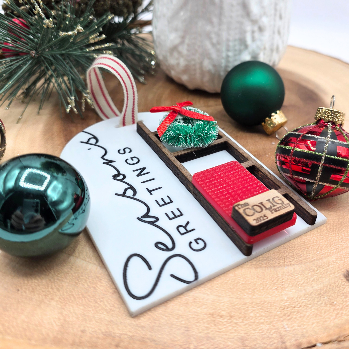 Personalized Season’s Greetings Ornament - Custom Blanket Ladder Wood & Acrylic Holiday Keepsake