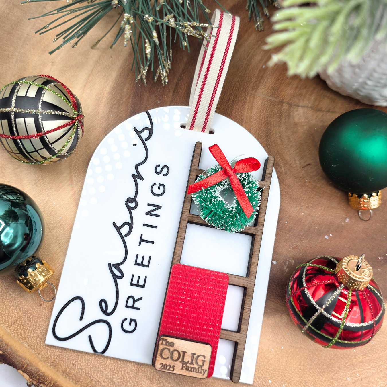 Personalized Season’s Greetings Ornament - Custom Blanket Ladder Wood & Acrylic Holiday Keepsake
