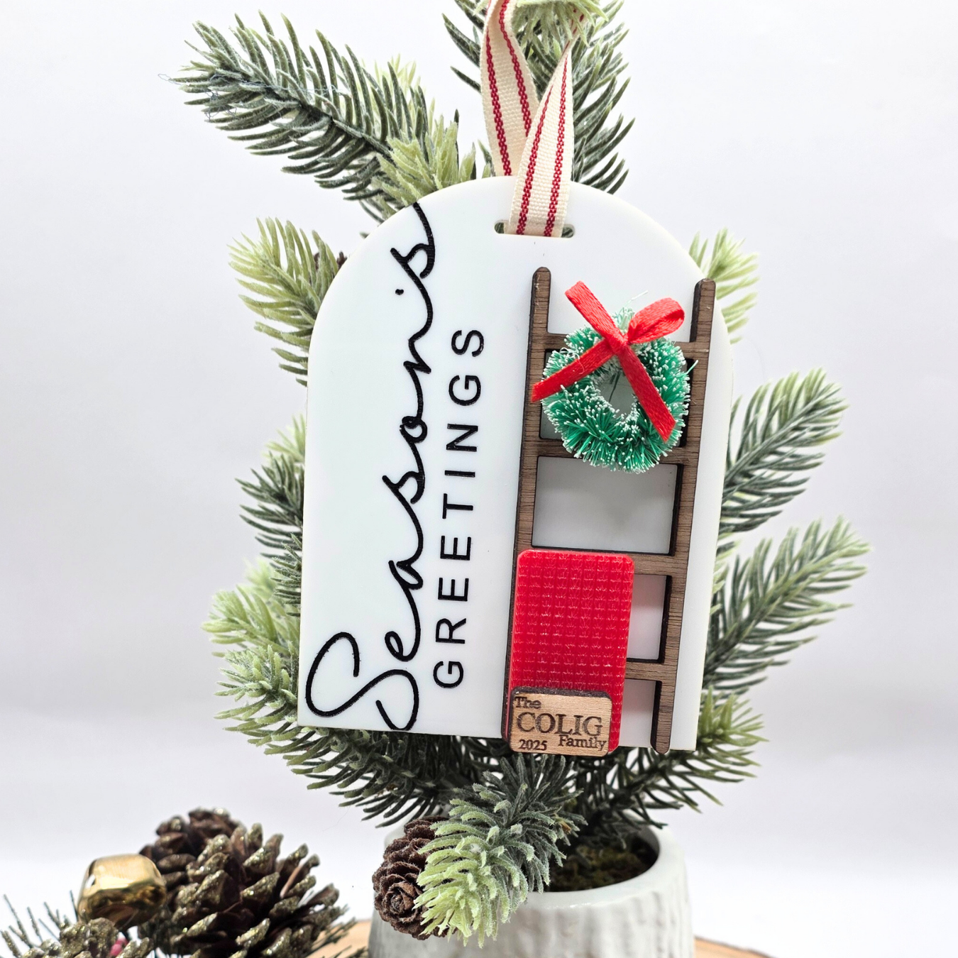 Personalized Season’s Greetings Ornament - Custom Blanket Ladder Wood & Acrylic Holiday Keepsake