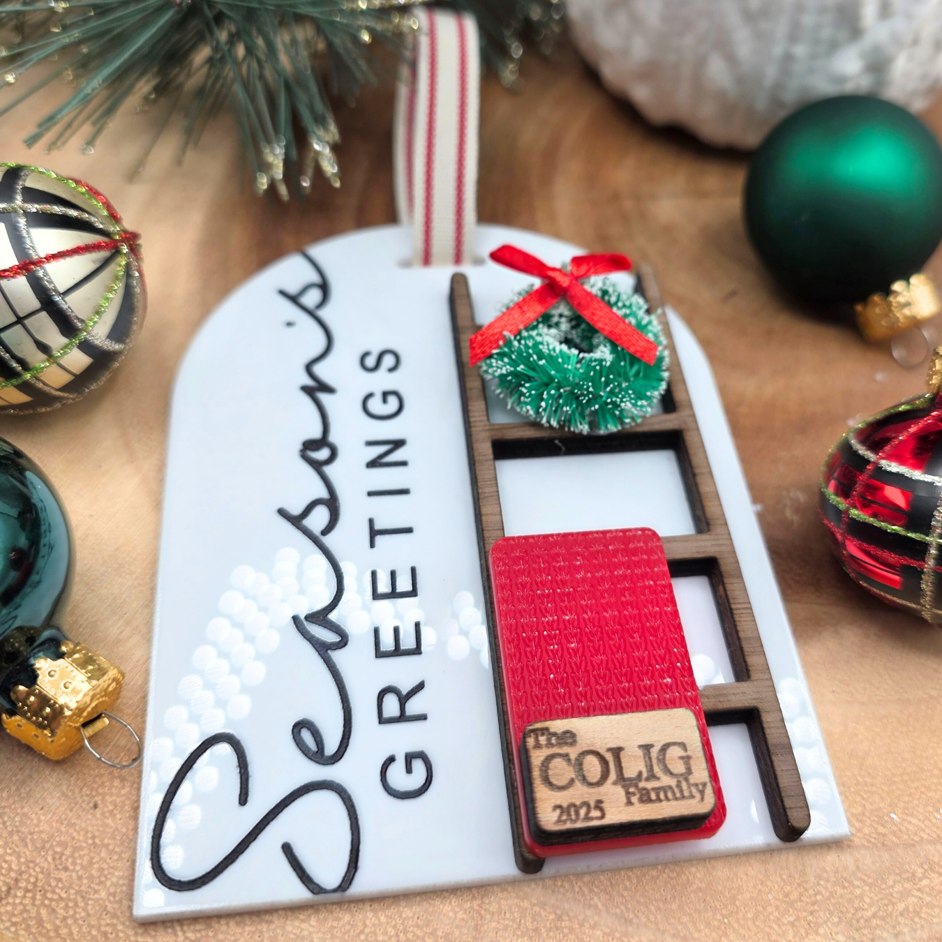 Personalized Season’s Greetings Ornament - Custom Blanket Ladder Wood & Acrylic Holiday Keepsake