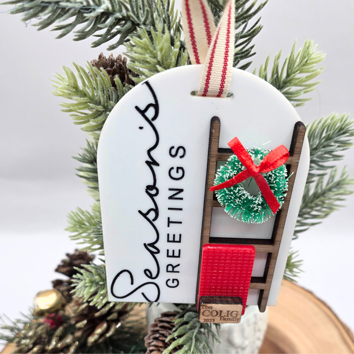 Personalized Season’s Greetings Ornament - Custom Blanket Ladder Wood & Acrylic Holiday Keepsake