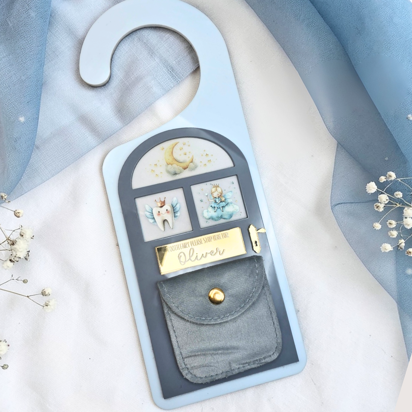 Tooth Fairy Personalized Door Hanger with Pouch - Custom Tooth Fairy Door Keepsake Gift for Kids