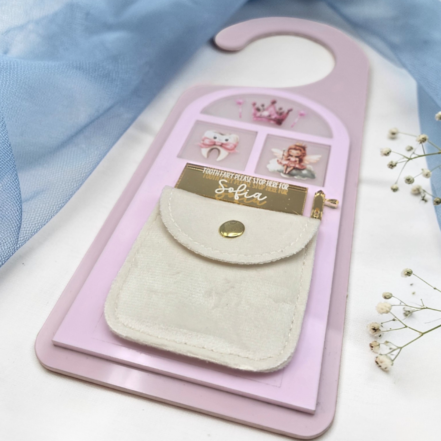 Tooth Fairy Personalized Door Hanger with Pouch - Custom Tooth Fairy Door Keepsake Gift for Kids