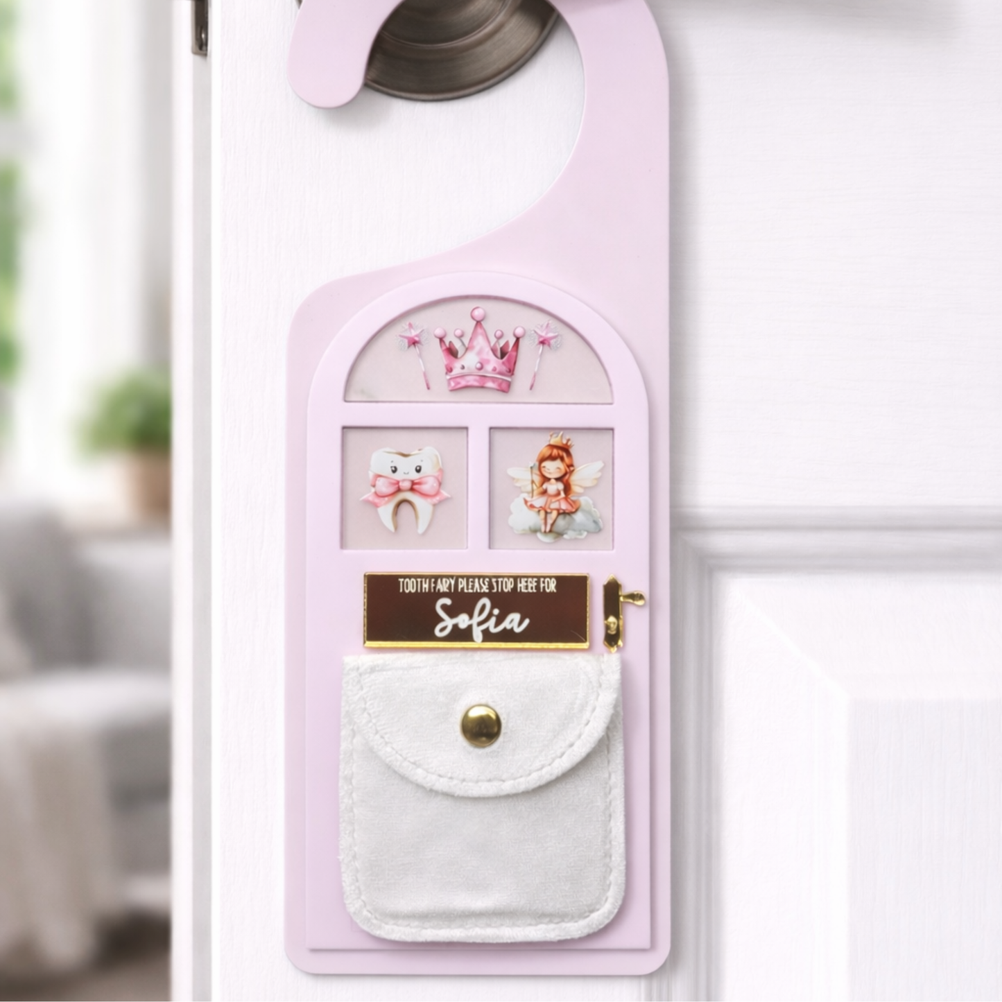 Tooth Fairy Personalized Door Hanger with Pouch - Custom Tooth Fairy Door Keepsake Gift for Kids
