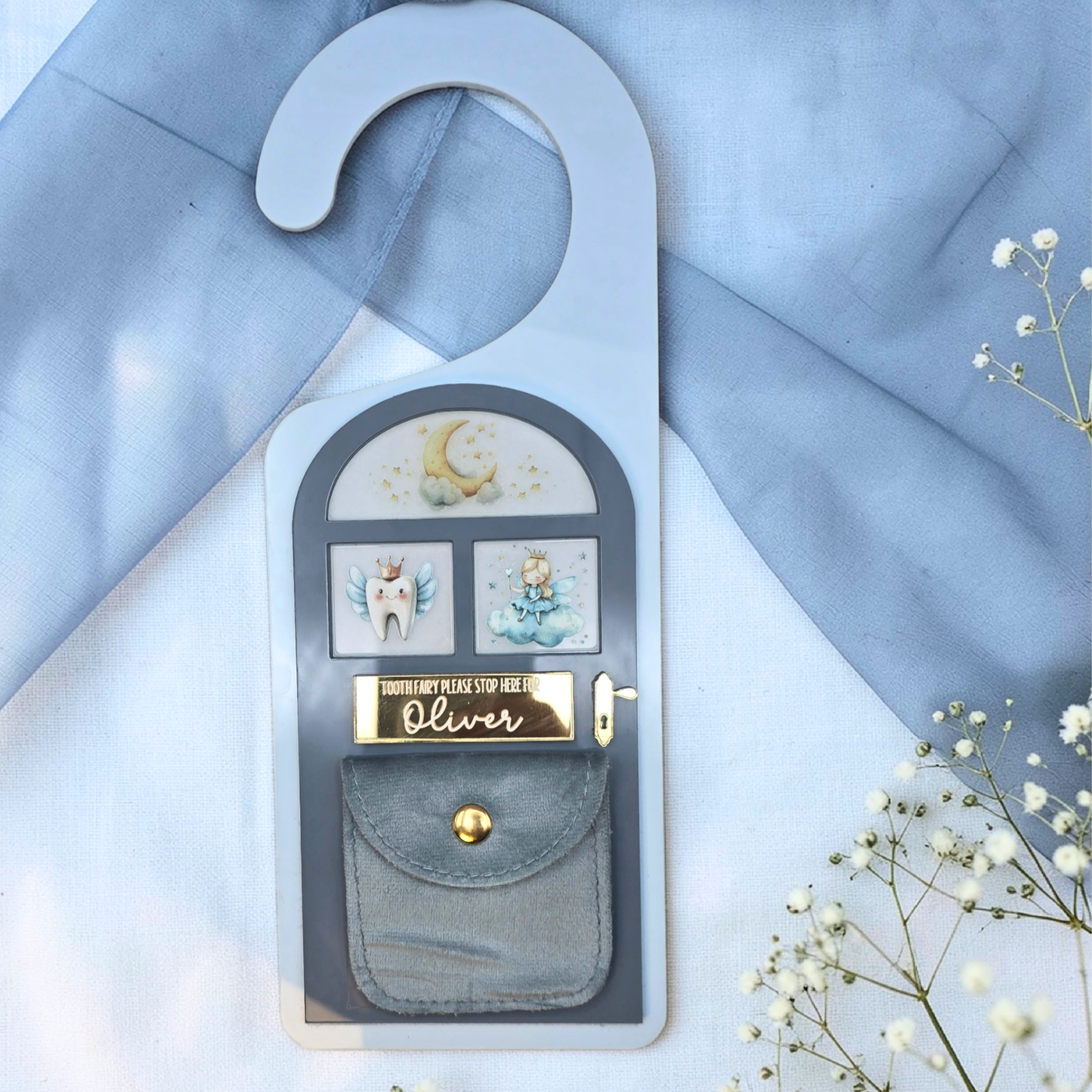 Tooth Fairy Personalized Door Hanger with Pouch - Custom Tooth Fairy Door Keepsake Gift for Kids