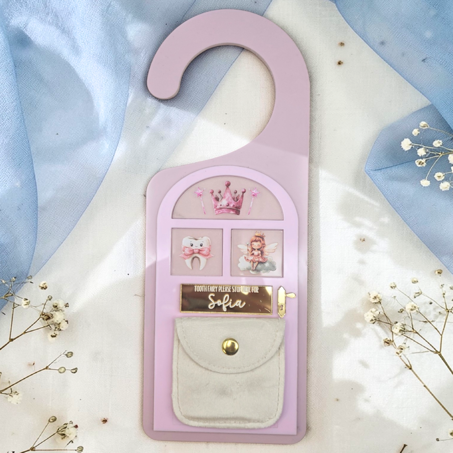 Tooth Fairy Personalized Door Hanger with Pouch - Custom Tooth Fairy Door Keepsake Gift for Kids