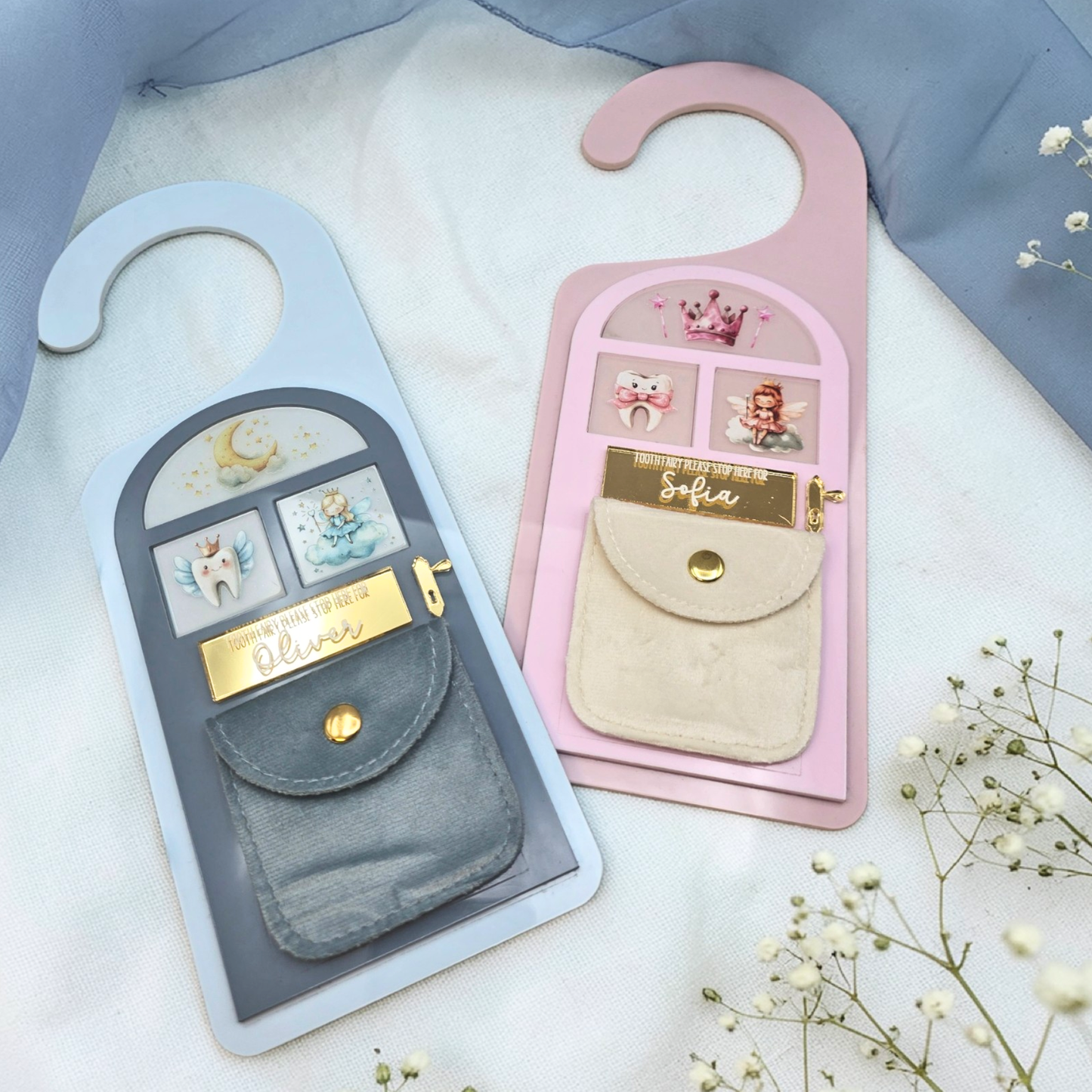 Tooth Fairy Personalized Door Hanger with Pouch - Custom Tooth Fairy Door Keepsake Gift for Kids