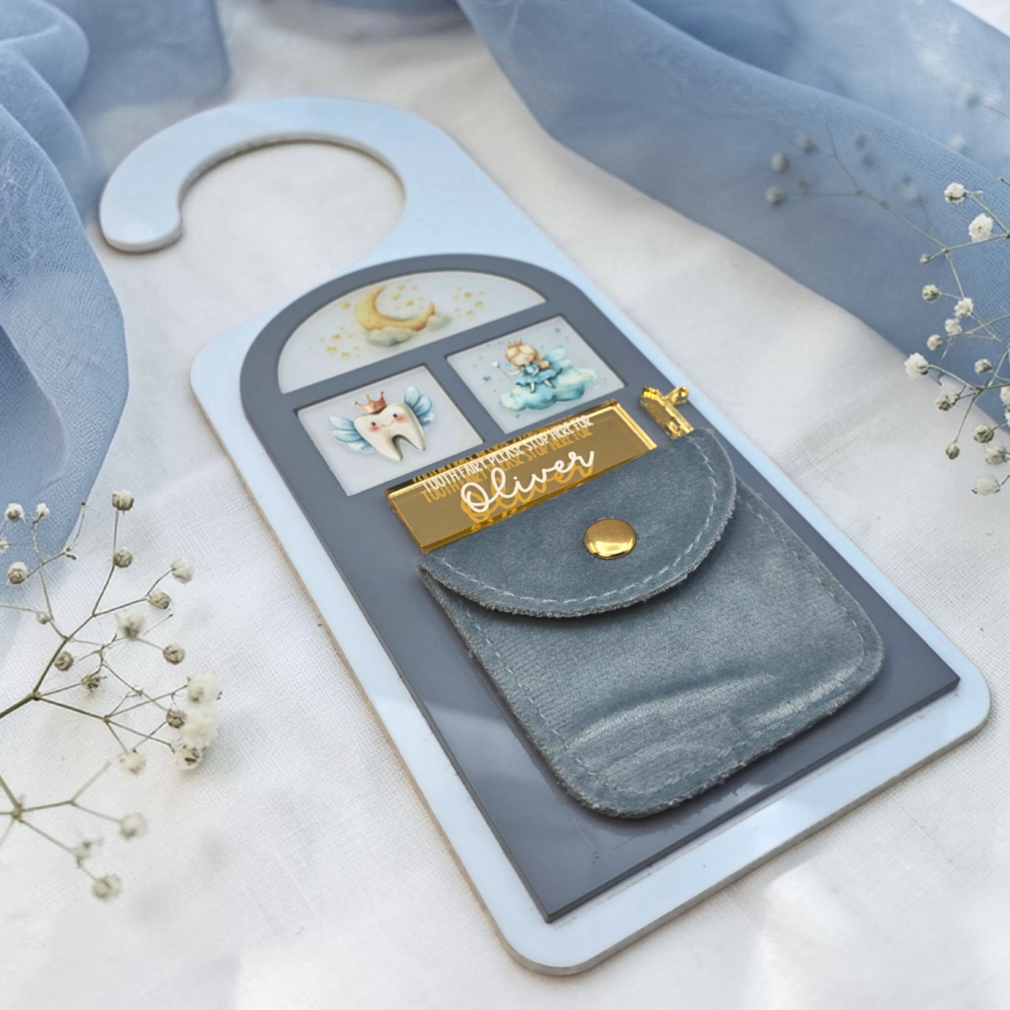 Tooth Fairy Personalized Door Hanger with Pouch - Custom Tooth Fairy Door Keepsake Gift for Kids