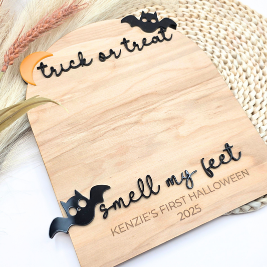 Trick or Treat, Smell My Feet - Baby Footprint Halloween Board - Personalized Bat & Moon Keepsake - DIY Halloween Memory Sign