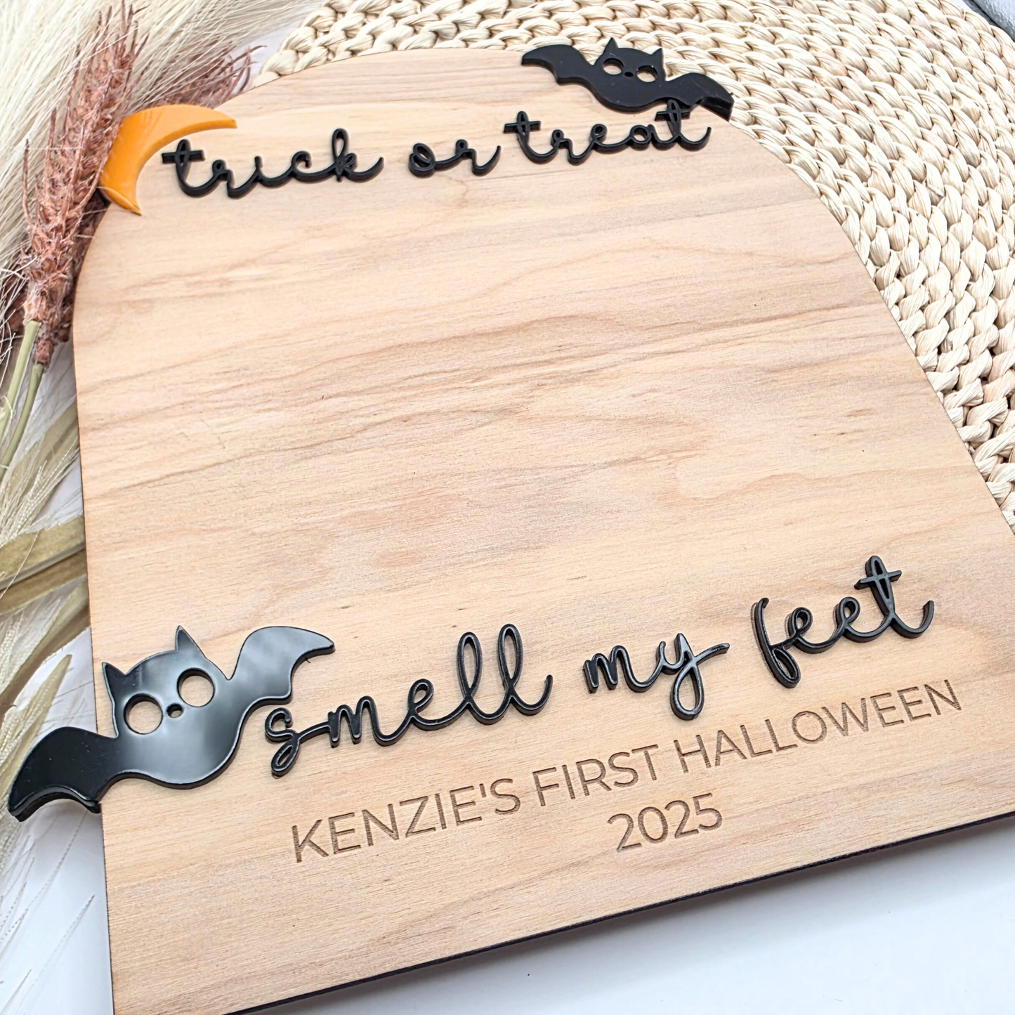 Trick or Treat, Smell My Feet - Baby Footprint Halloween Board - Personalized Bat & Moon Keepsake - DIY Halloween Memory Sign